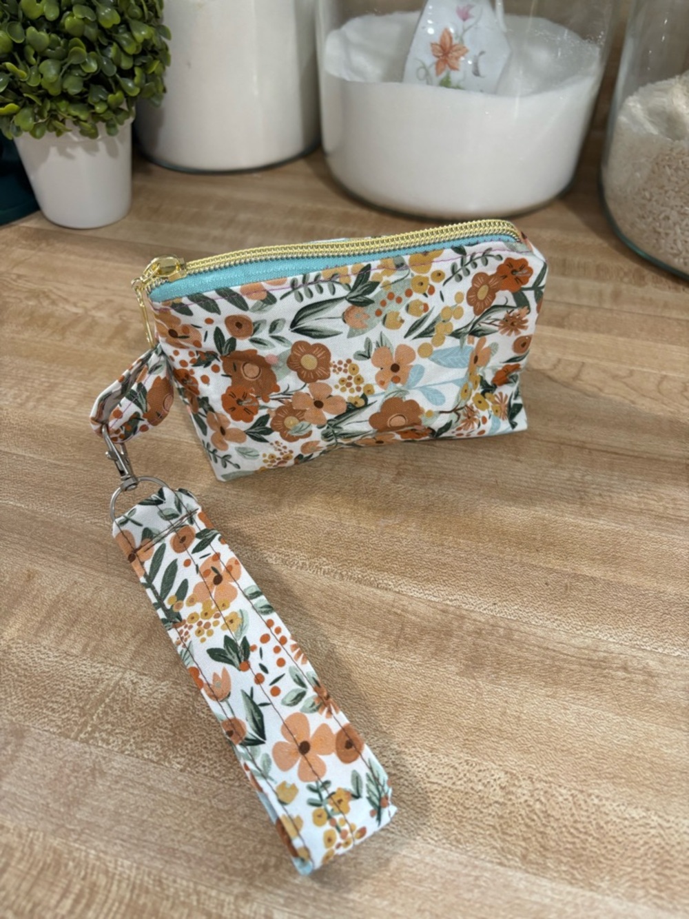Floral Wristlet Clutch - White with Orange Floral Print